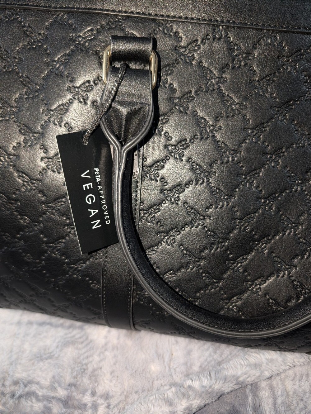 Black Quilted Large Tote/Luggage with Red & Green Stripe and Gold Bee Accent - Picture 6 of 8
